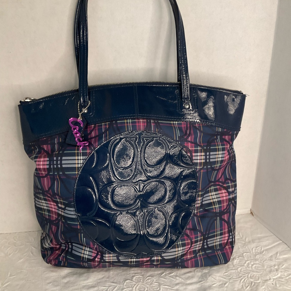 Coach Julie poppy navy patent leather & blue purple tartan plaid fabric tote